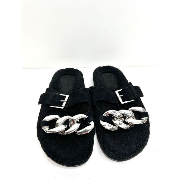 Marc Fisher Sandals Womens Size 6 Leather Black Fresno Shearling Sherpa Slides - Picture 3 of 10